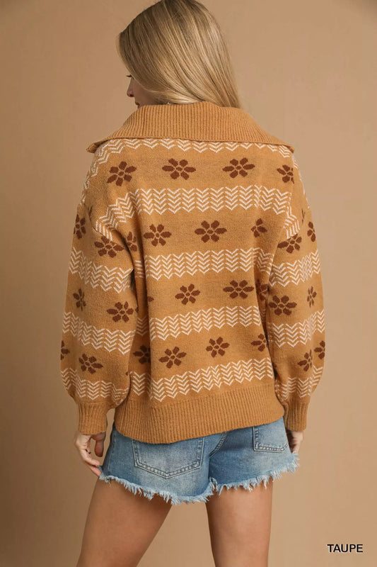 Floral Patterned Jacquard Quarter-Zip Pullover Sweater