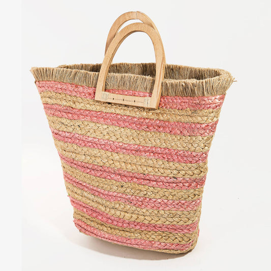 Pink Striped Jute Tote with Wooden Handles