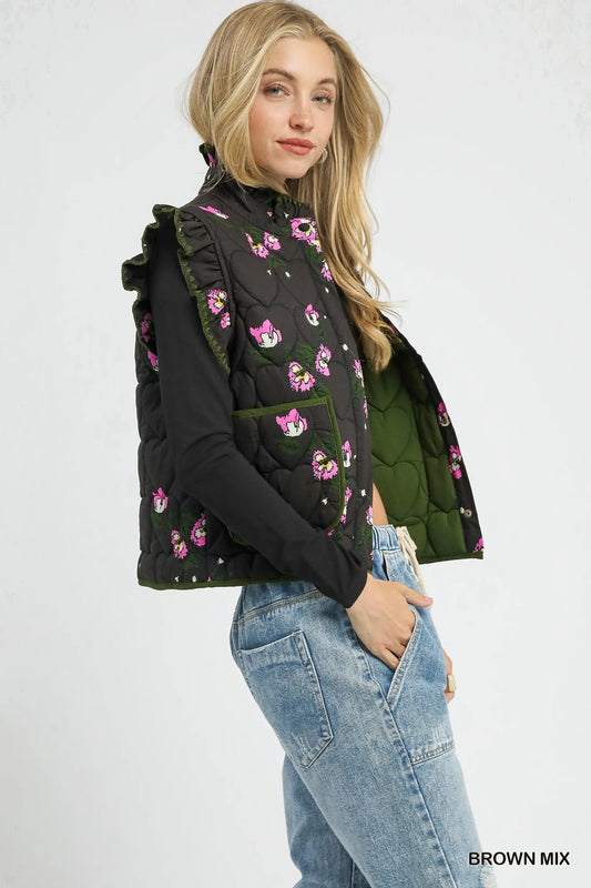 Ruffled Quilted Floral Snap Down Vest