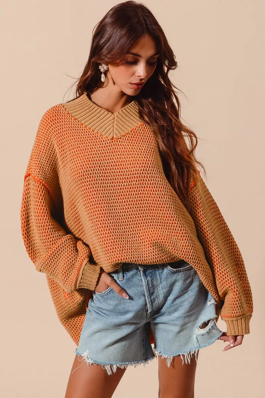 Oversized Orange Two Tone Textured V Neck Sweater