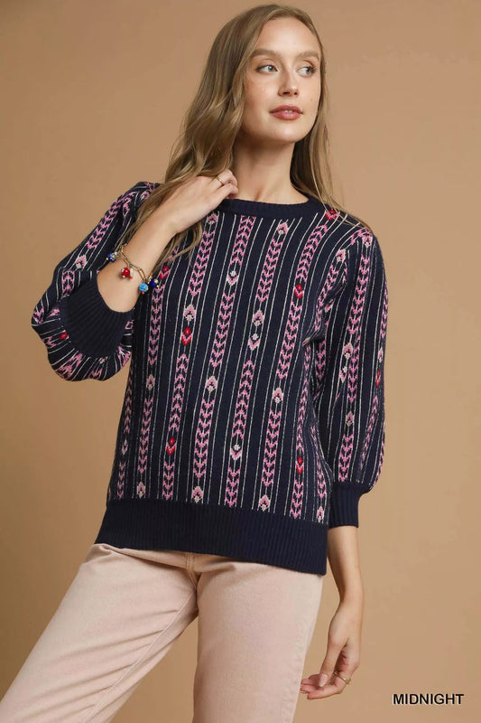 Jacquard Knit Puff Sleeve Sweater