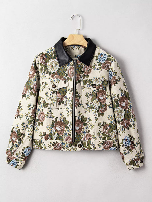 Floral Print Zip Up Contrast Collared Jacket