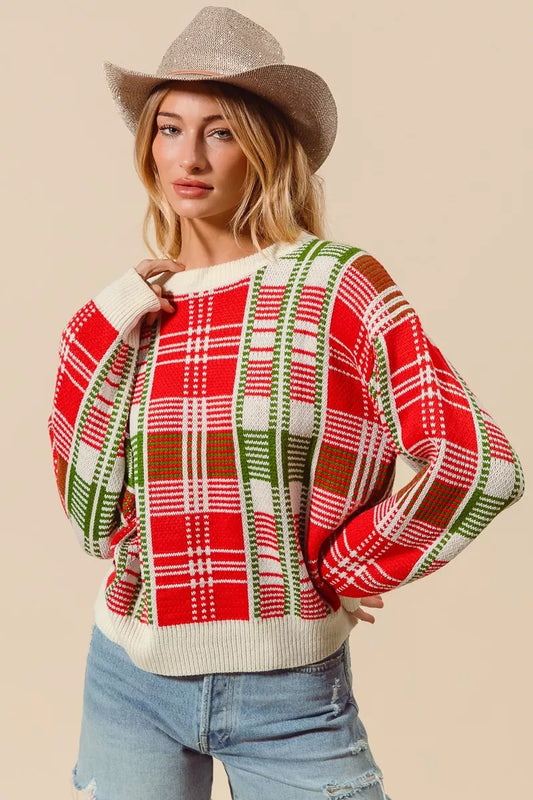 Christmas Color Checkered Plaid Crew Neck Sweater