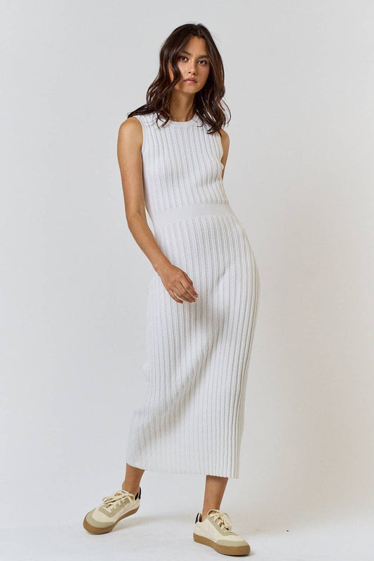 White Ribbed Sleeveless Sweater Midi Dress