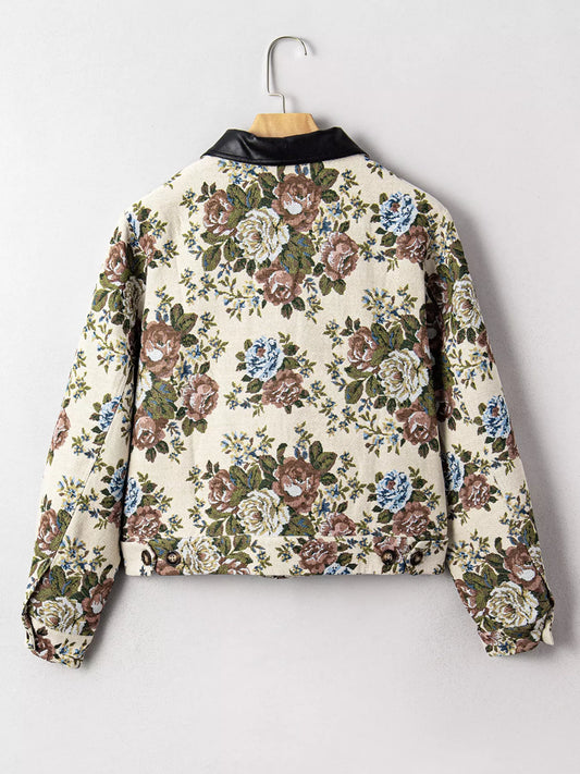 Floral Print Zip Up Contrast Collared Jacket