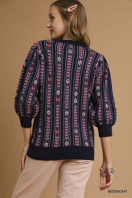 Jacquard Knit Puff Sleeve Sweater