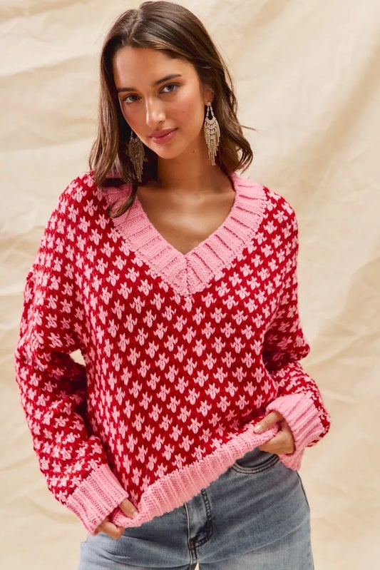 Pink and Red Textured Christmas Sweater V Neck Top