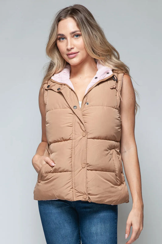Snap and Zip Closure Hooded Vest with Ballet Pink Lining