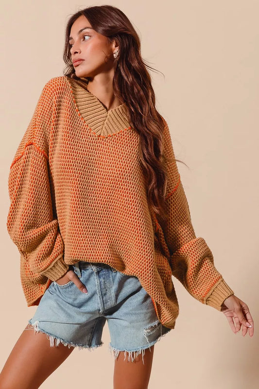 Oversized Orange Two Tone Textured V Neck Sweater