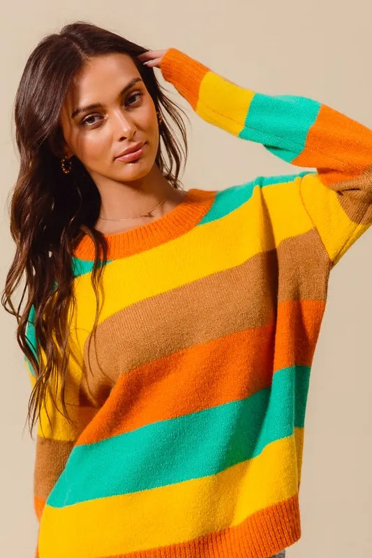 Multi Color Stripe Sweater with Ribbed Detail