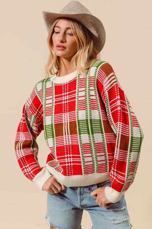 Christmas Color Checkered Plaid Crew Neck Sweater