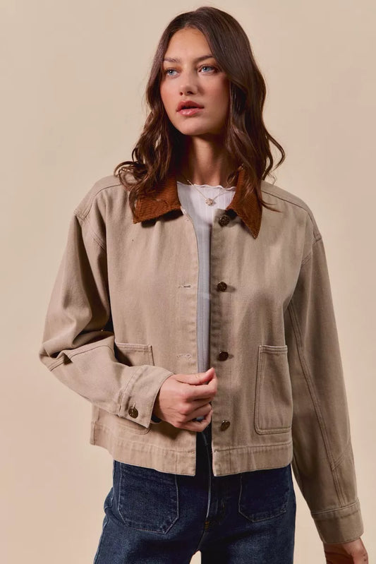 Cotton Twill Cropped Barn Jacket with Collar