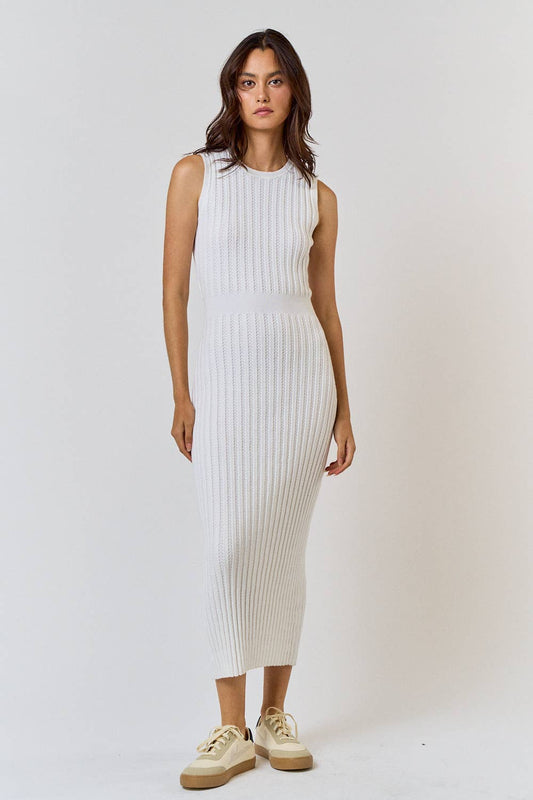 White Ribbed Sleeveless Sweater Midi Dress