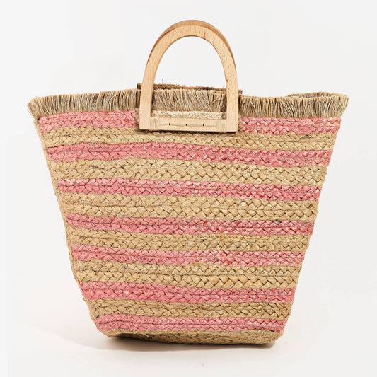 Pink Striped Jute Tote with Wooden Handles