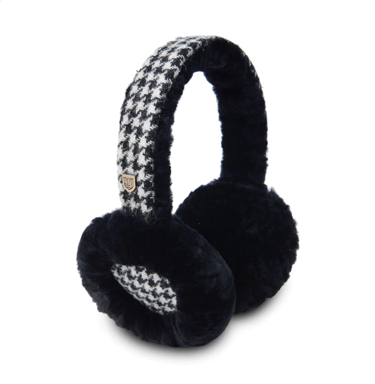 Sheepskin Earmuffs: Black White Houndstooth