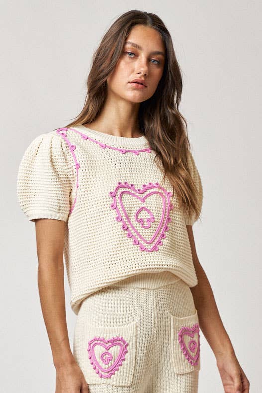 Embroidered Heart Top with Puff Sleeves