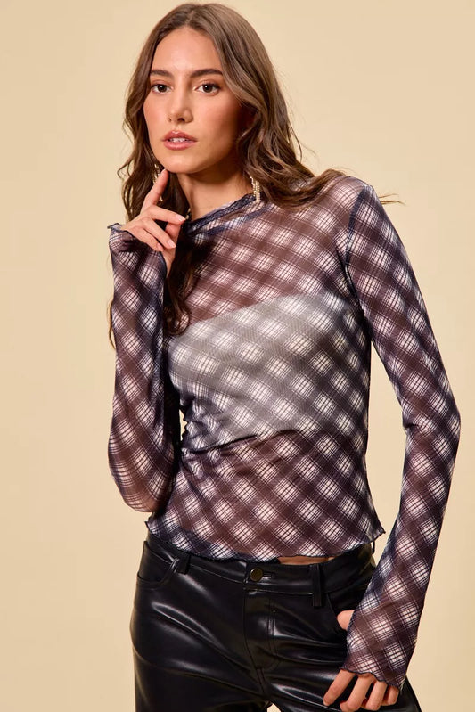 Plaid Mesh Knit Long Sleeve Top with Thumb Opening