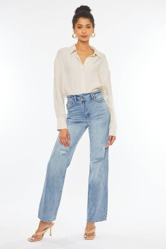 Crossover Waistband Wide Leg Jeans