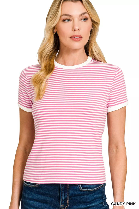 Zenana Striped Contrast Trim Tee
