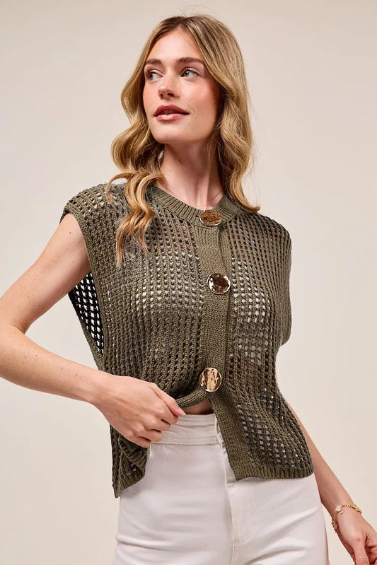 Large Metal Button Front Openwork Sweater Vest