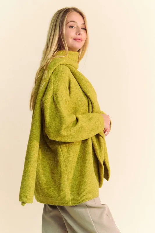 Chartreuse V-Neck Dropped Shoulder Sweater with Scarf