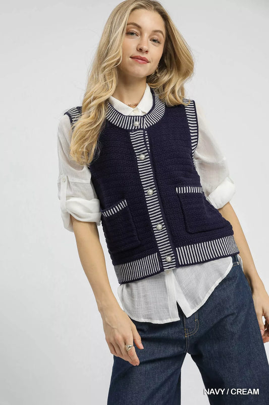 Contrast Striped Trim Button-Down Sweater Vest