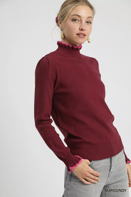 Ribbed Round Neck Sweater with Ruffle Contrast Trim