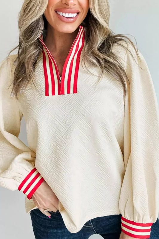 Textured Knit Contrast Striped Accent Zipped Collar Pullover Top
