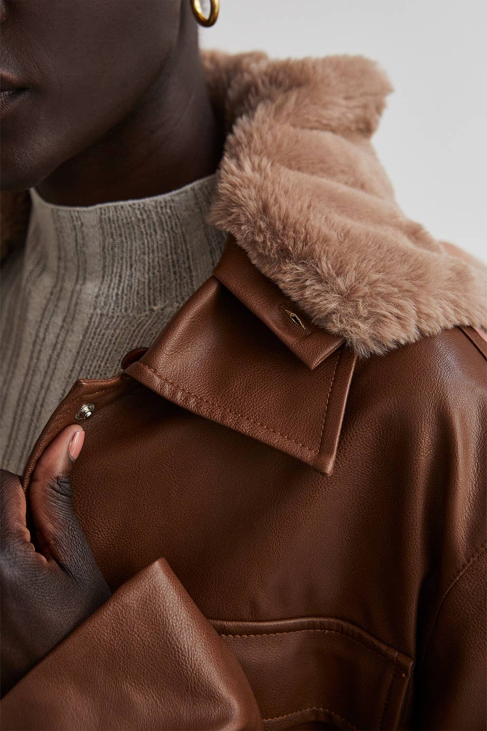 Espresso Vegan Leather Jacket With Detachable Fur Collar