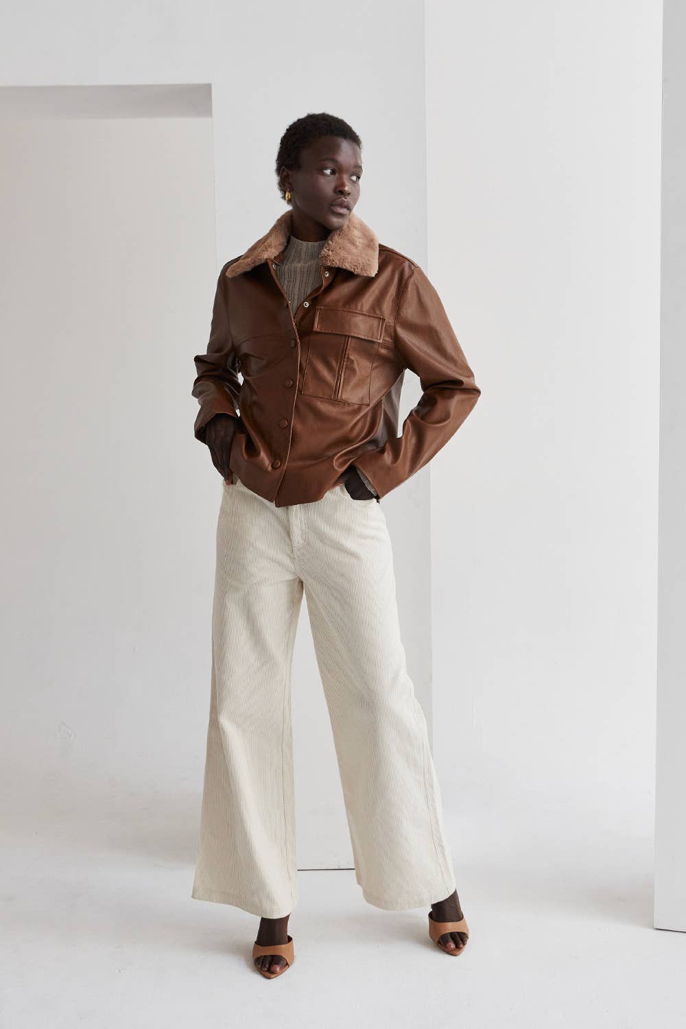 Espresso Vegan Leather Jacket With Detachable Fur Collar