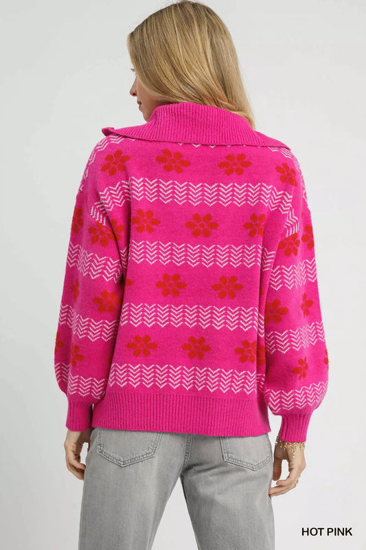 Floral Patterned Jacquard Quarter-Zip Pullover Sweater