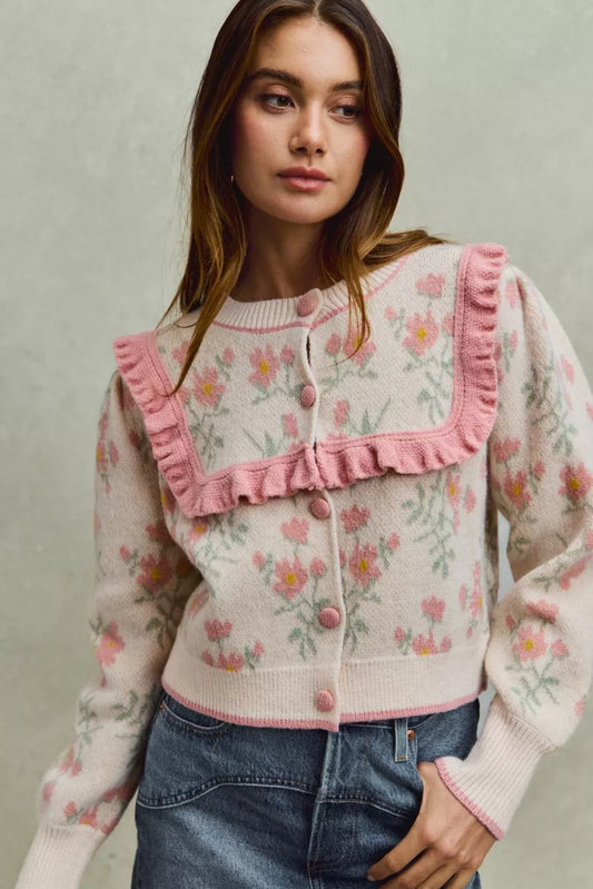 Flower Ruffle Sweater Cardigan
