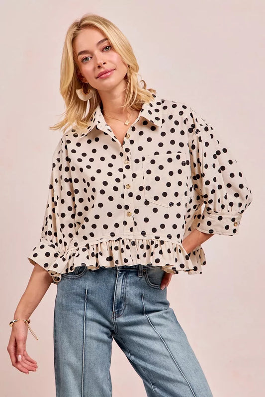 Polka Dot Printed Peplum Top with Front Button