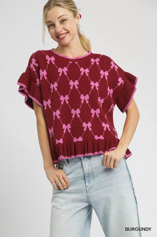 Bow Knit Ruffle Sleeve Sweater