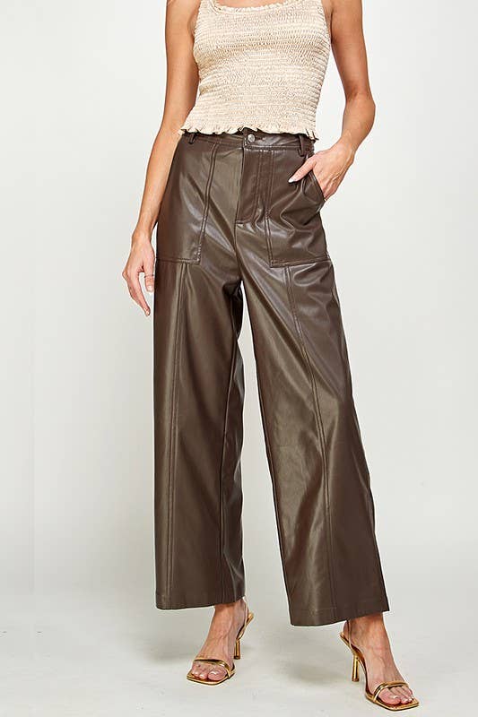 Vegan Leather Wide Leg Pants in Chocolate Brown