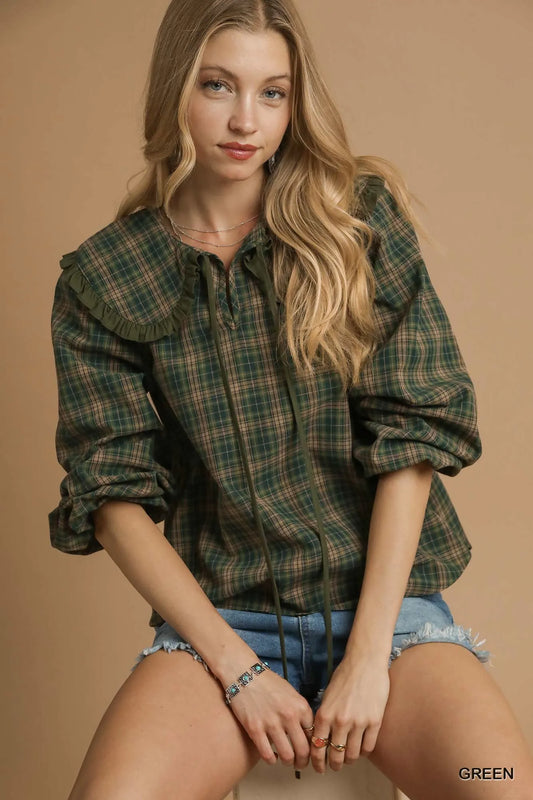 Forest Green Plaid Ruffle Collar Blouse