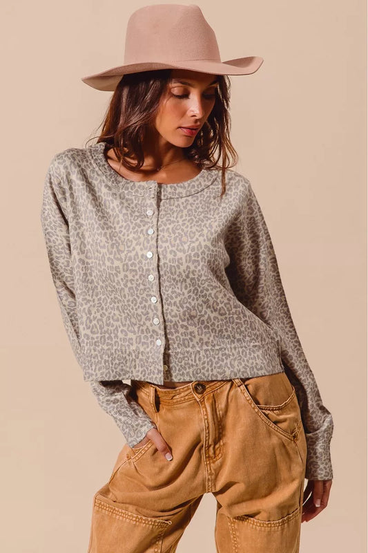 Two Tone Leopard Vintage Print Button Up Cardigan