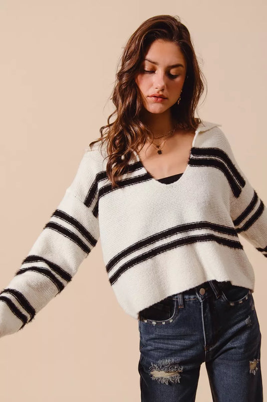 Fuzzy Stripe Deep U Neck Sweater
