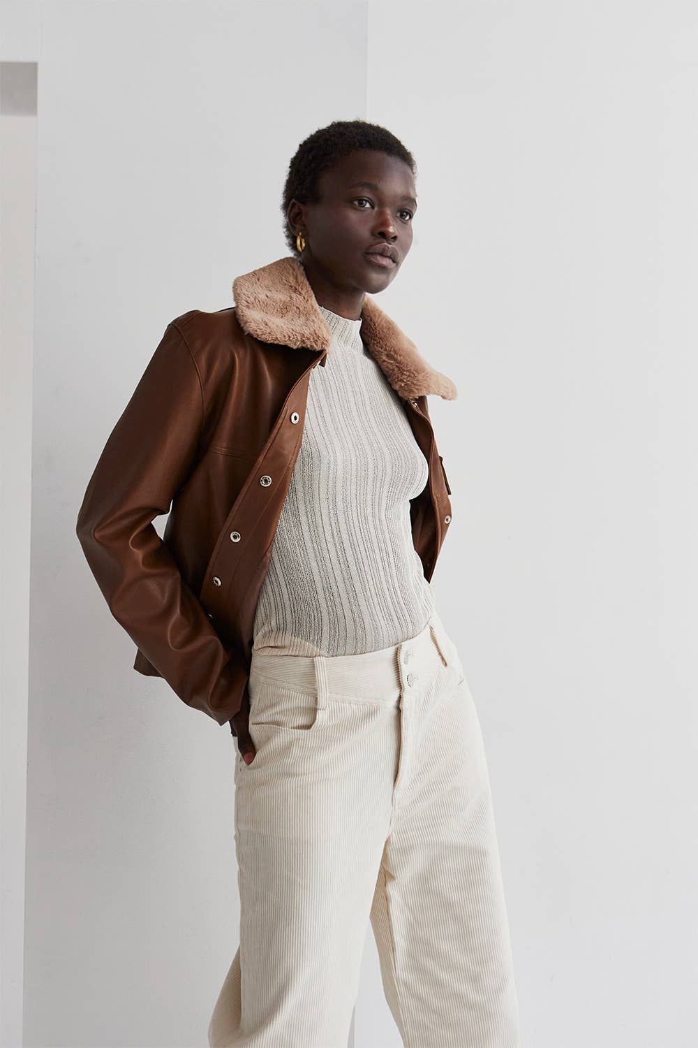 Espresso Vegan Leather Jacket With Detachable Fur Collar