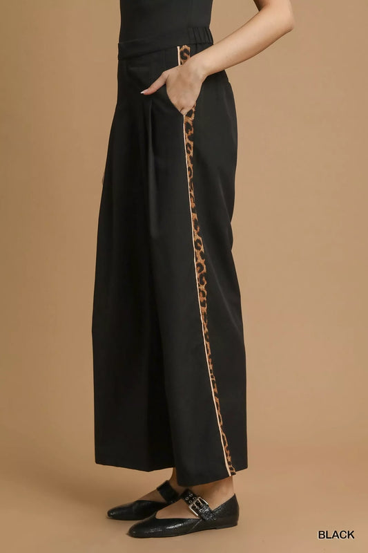 Front Pleated Wide-Leg Pants with Contrast Leopard Trim