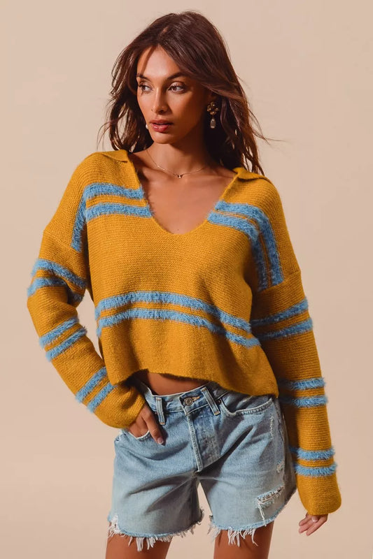 Fuzzy Stripe Deep U Neck Sweater