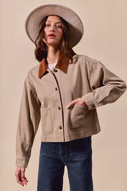 Cotton Twill Cropped Barn Jacket with Collar