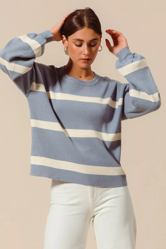 Powder Blue Ribbed Striped Round Neck Sweater