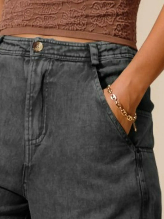 Mineral Washed Mid Rise Barrel Shape Pants