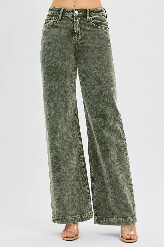 Olive Green High Rise Wide Leg Corduroy Jeans