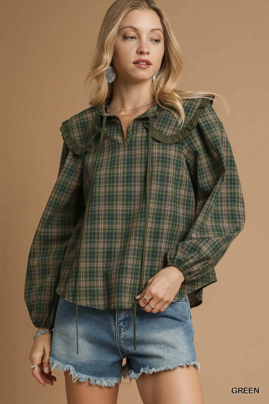 Forest Green Plaid Ruffle Collar Blouse