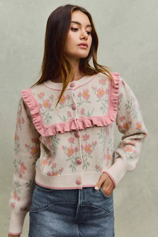 Flower Ruffle Sweater Cardigan