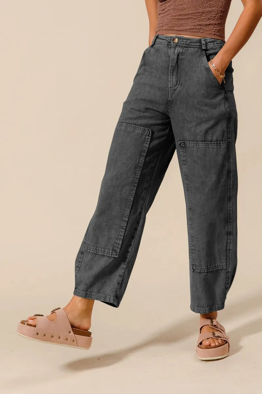 Mineral Washed Mid Rise Barrel Shape Pants