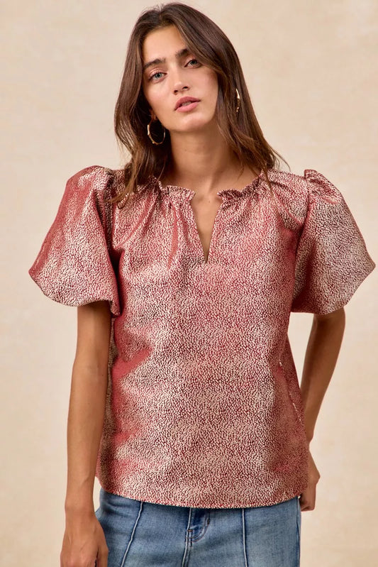 Jacquard Woven Short Balloon Sleeves V Neck Top