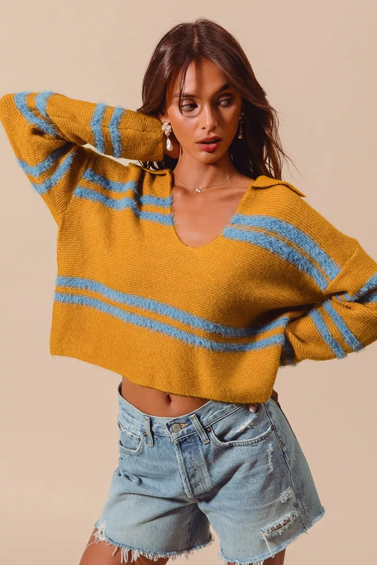 Fuzzy Stripe Deep U Neck Sweater